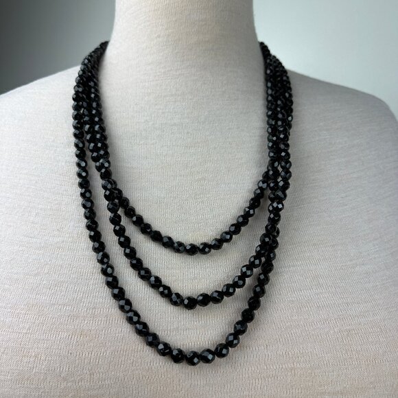 Vintage Faceted Black Crystal Triple Strand Bead Necklace Rhinestone Accents - Picture 1 of 9